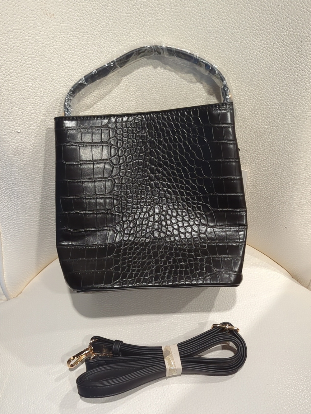 Croc-Embossed Black Crossbody Bag with Top Handle